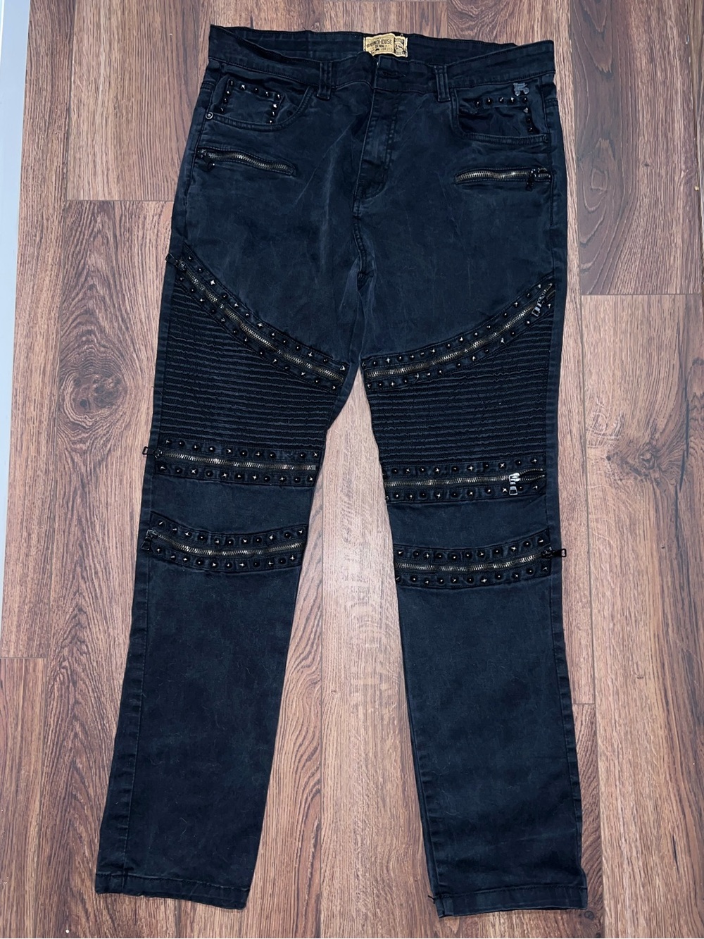 Grindhouse Denim Men's Black Slim Straight Moto Jeans with Stud & Ribbed Panels - Picture 2 of 6